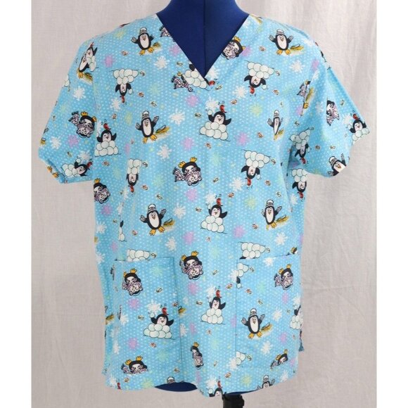 Allheart Scrub Top Women's M Blue Winter Penguin Snow Print VTG Medical Pockets - Picture 1 of 9